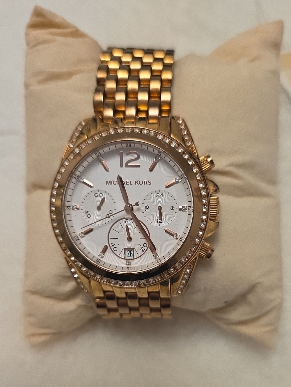 Michael Kors Gold and White Crystal-Trim Chronograph Bracelet Watch
